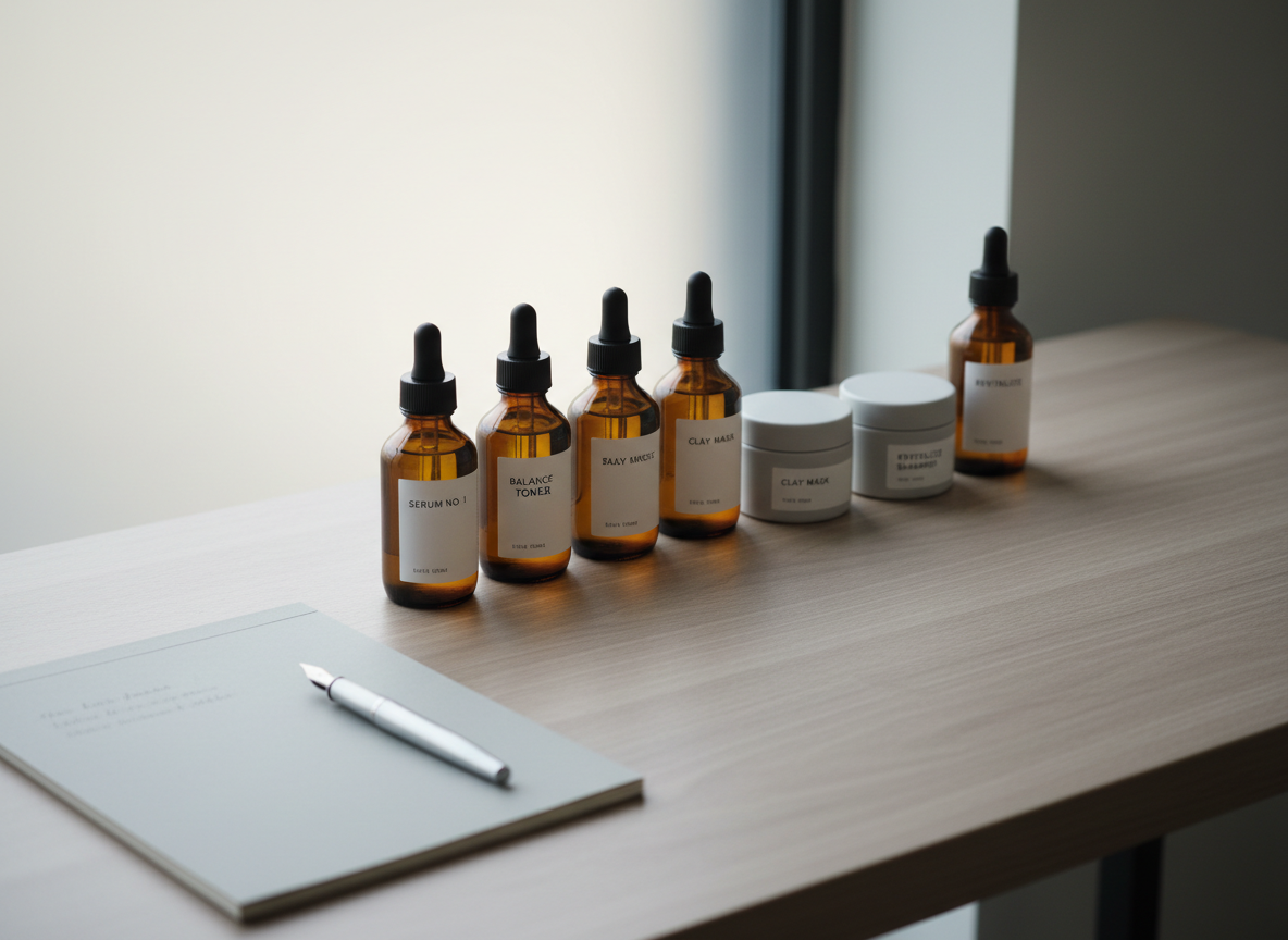 A meticulously arranged workspace featuring a collection of amber glass bottles and minimalist ceramic jars, each labelled in refined sans-serif fonts, evokes a sense of professionalism and organization. The bottles and jars rest on a smooth ash-wood desk with grain detail, accented by a soft grey notepad and a sleek silver fountain pen. Gentle daylight filters through a frosted window beside the desk, creating balanced highlights and subtle shadows that emphasize each texture. Captured from a slightly elevated, centered perspective for a corporate, structured aesthetic. The photography focuses on clean lines and neutral tones, producing a calm, polished atmosphere in alignment with a professional personal care blog.
